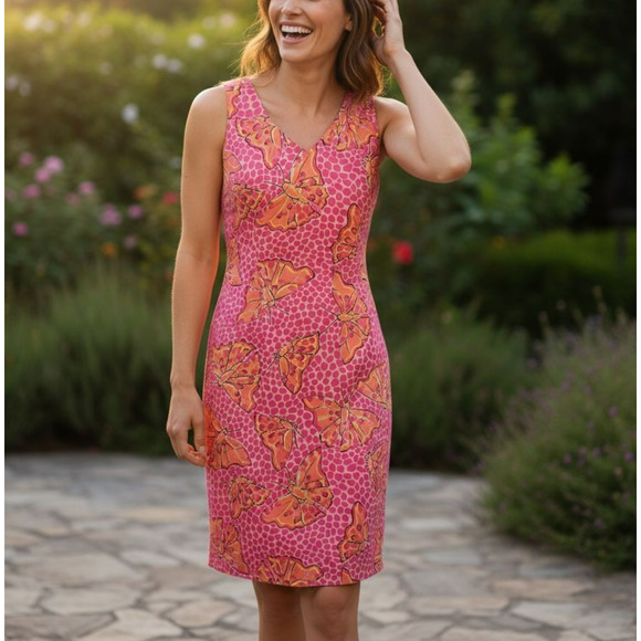 Lilly Pulitzer Cha Cha Butterfly Print Silk Dress Size 4 Pink Stretch Vintage - Picture 1 of 8